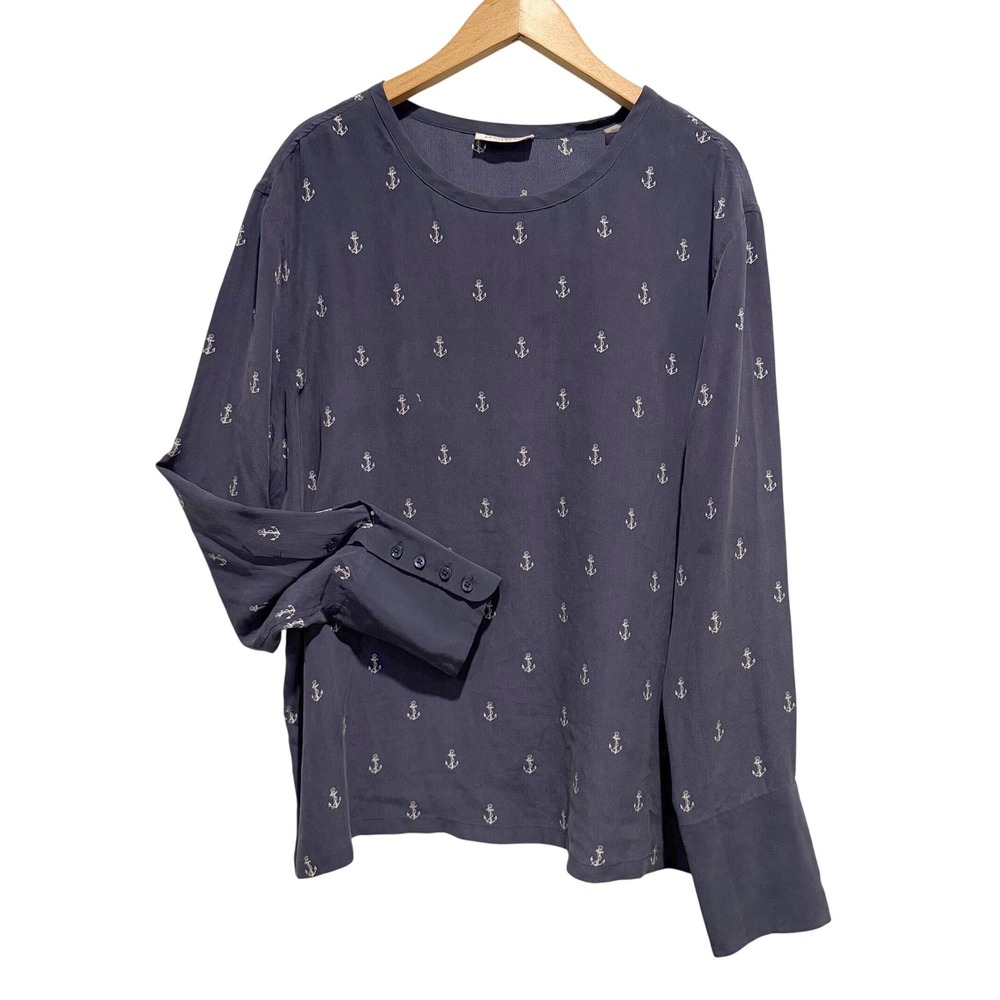 Equipment Femme Anchor Print Women Large Navy Blue Blouse Silk Nautical Coastal